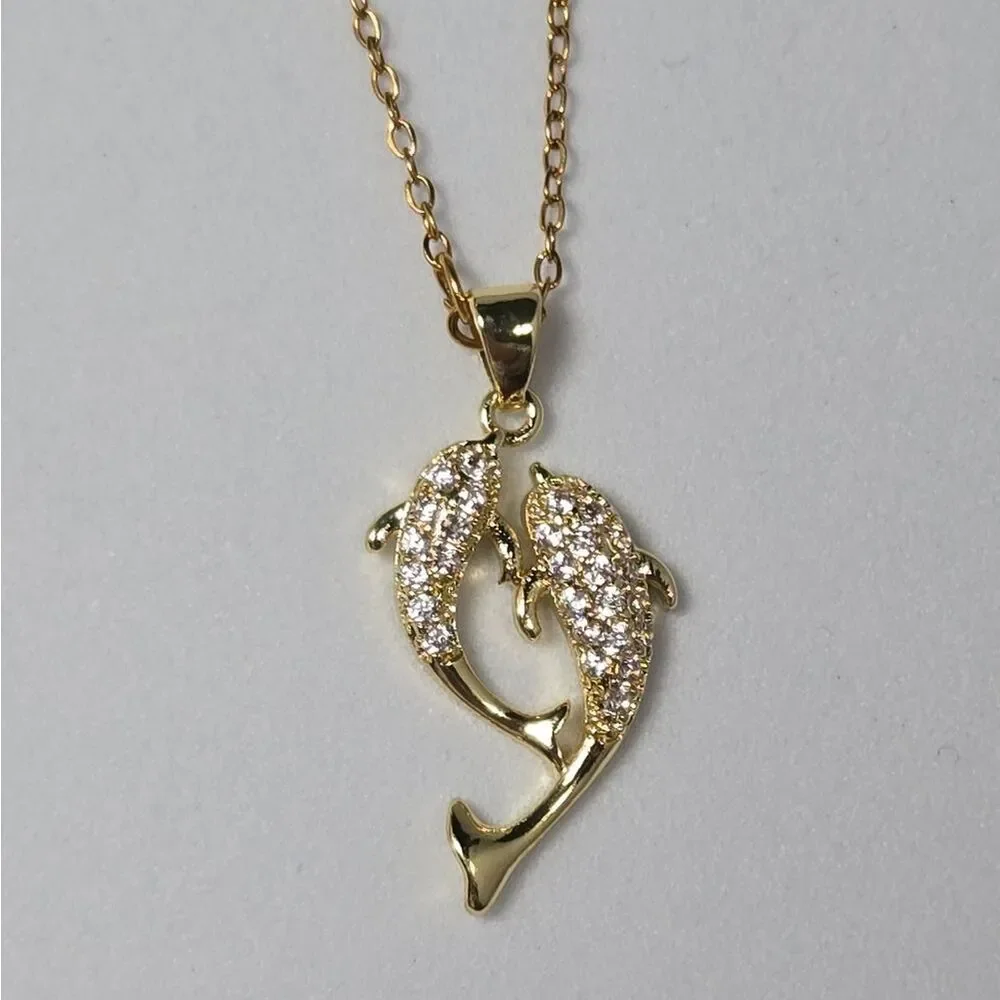 Shiny Pave CZ Dolphin Pendant Necklace 18K Gold Plated Stainless Steel Giftable